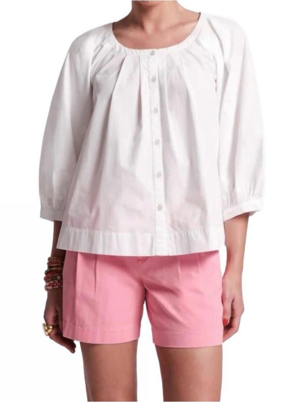 Frances Valentine White Button-Front Peasant Blouse